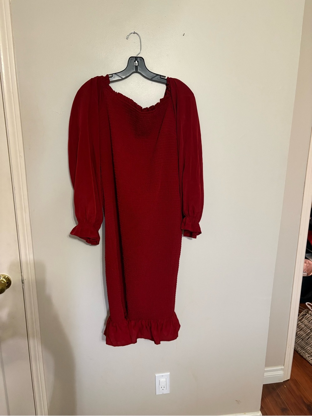 Baltic Born Crimson Puff-Sleeve Ruffle-Hem Midi Dress